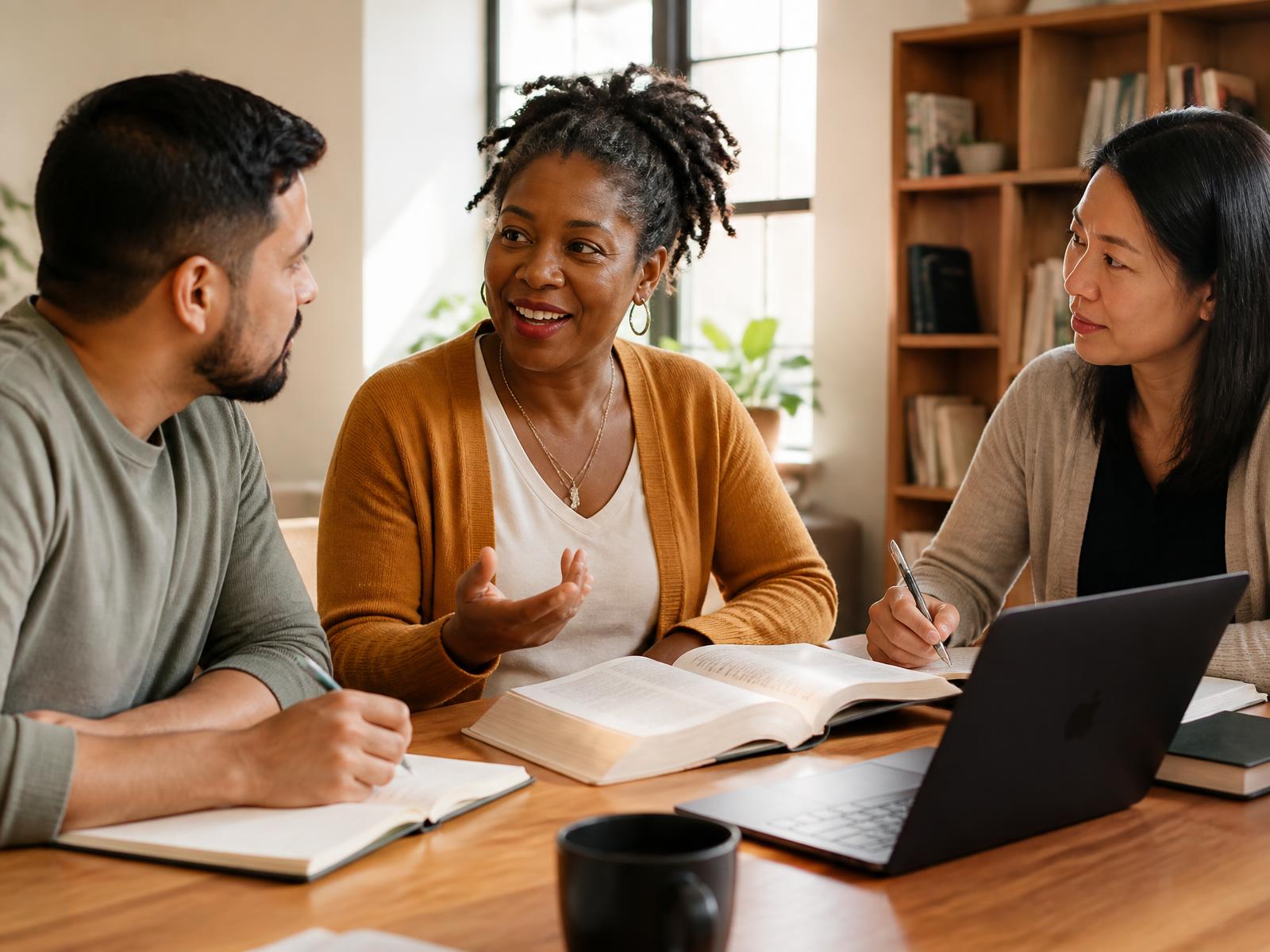 Three adult students of different backgrounds studying together around a table with open books and a laptop